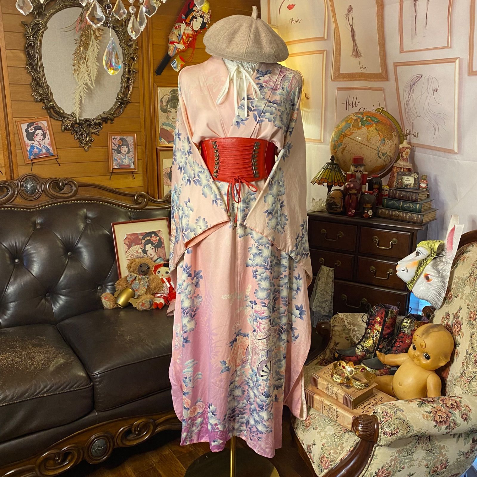 (0653)着物リメイク ハンドメイド「ワンピース」正絹 紺花 2wayワンピース　Ｌサイズ　丸襟　花柄　ピンク　正絹　着物リメイク　ハンドメイド