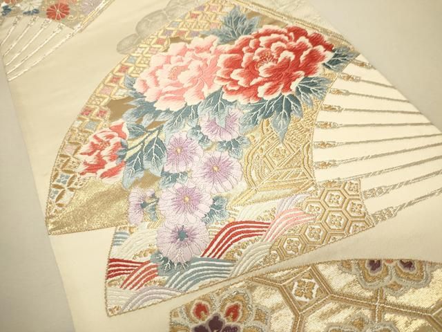 平和屋着物□六通柄袋帯 唐織 扇面吉祥草花文 金銀糸 正絹 逸品