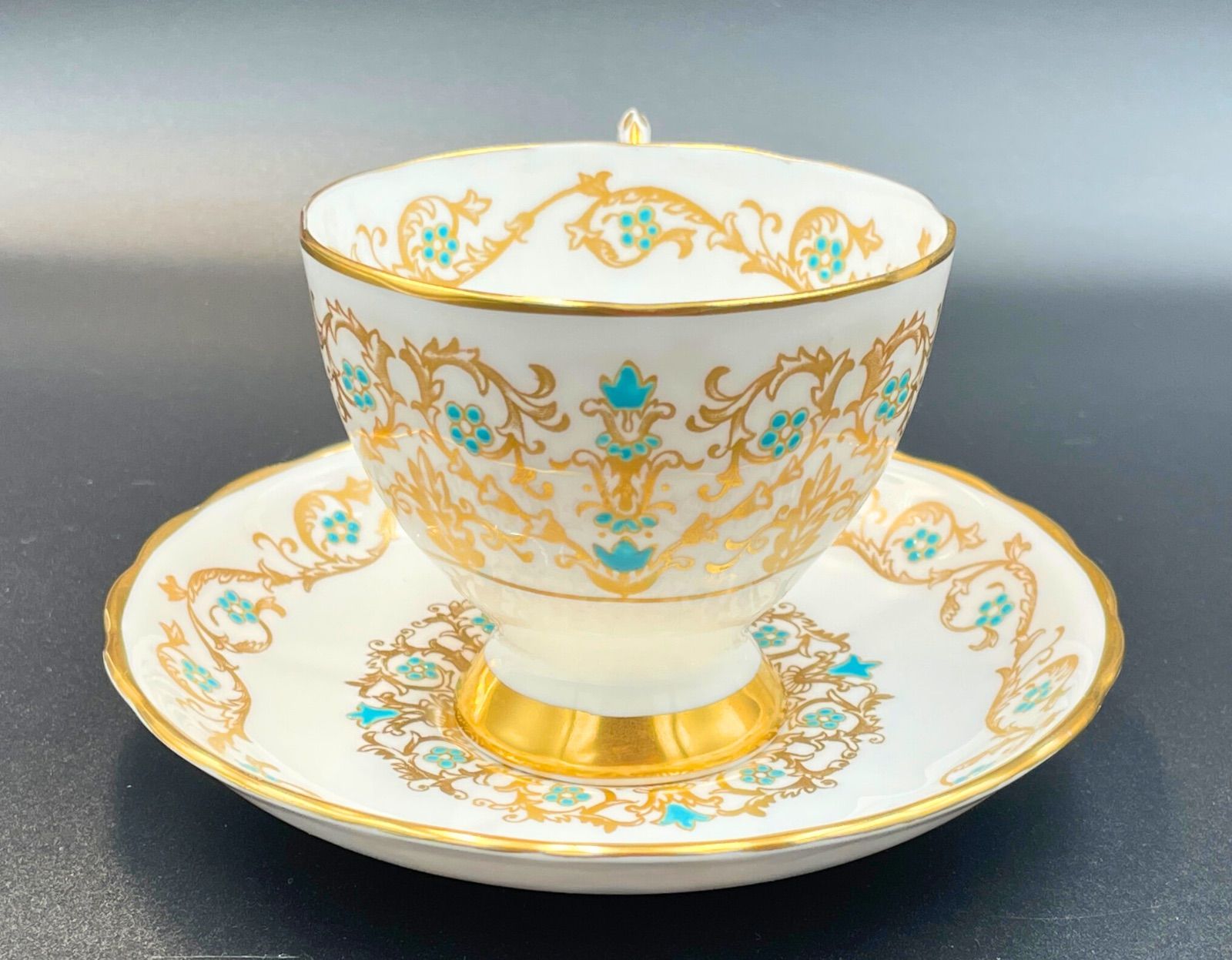 超 Tuscan タスカン 金彩＆ターコイズブルー エナメル 英国 アンティーク カップ＆ソーサーペディスタル 高台 M041