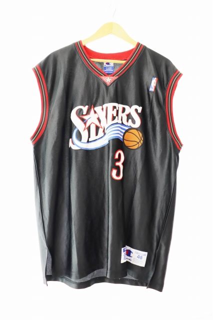 チャンピオン CHAMPION 90s VINTAGE Allen Iverson Sixters Game Shirt ヴィンテージ アレン アイバーソン シクサーズ ゲームシャツ タンクトップ XL 黒 ブラック ブランド古着ベクトル ●250418