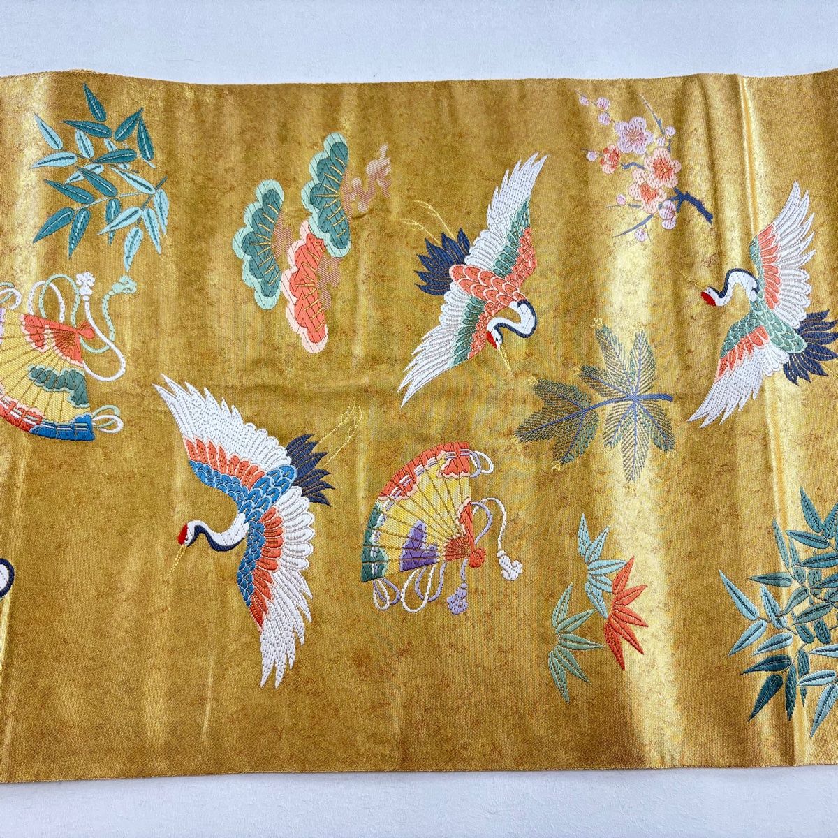 袋帯 美品 秀品 華文 花鳥 金銀糸 箔 青緑 六通 正絹 【中古】