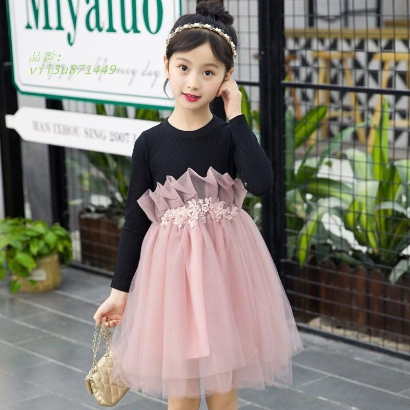 子供服 ワンピース チュールスカート 春秋 女の子 膝丈 フレアスカート キッズ ひざ丈 子ども服 女児 長袖 可愛い レース切り替え Aライン きれいめ おしゃれ  vii3u871449