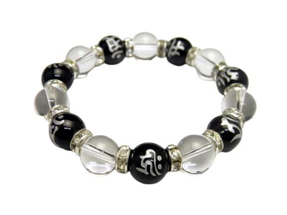 7種の梵字入り 梵字 オニキス 銀彫り 数珠 水晶 ブレスレット 風水 パワーストーン