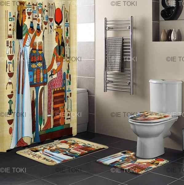 古代エジプトのパピルスシャワーカーテンセットノンスリップラトイレ蓋カバーとバスマット防水浴室のカーテン