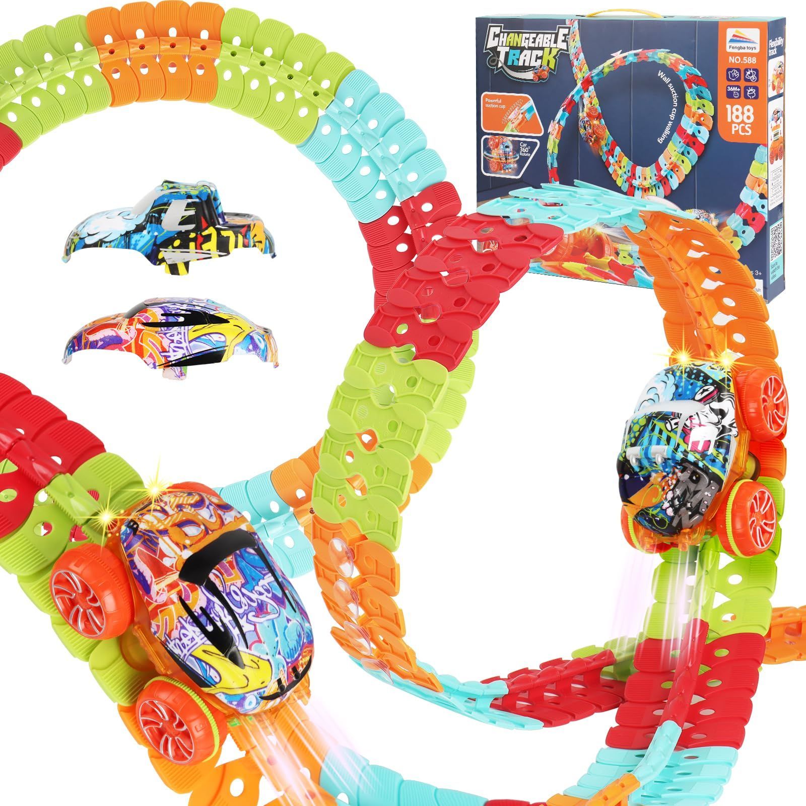 【新着商品】立体パズル 吸盤付き ライト付き DIY DIY おもちゃ おもちゃ 人気 6歳7歳8歳 男の子 誕生日 車 車 子供 クリスマスプレゼント 組み立て 知育玩具 188pcs レール 車両おもちゃ