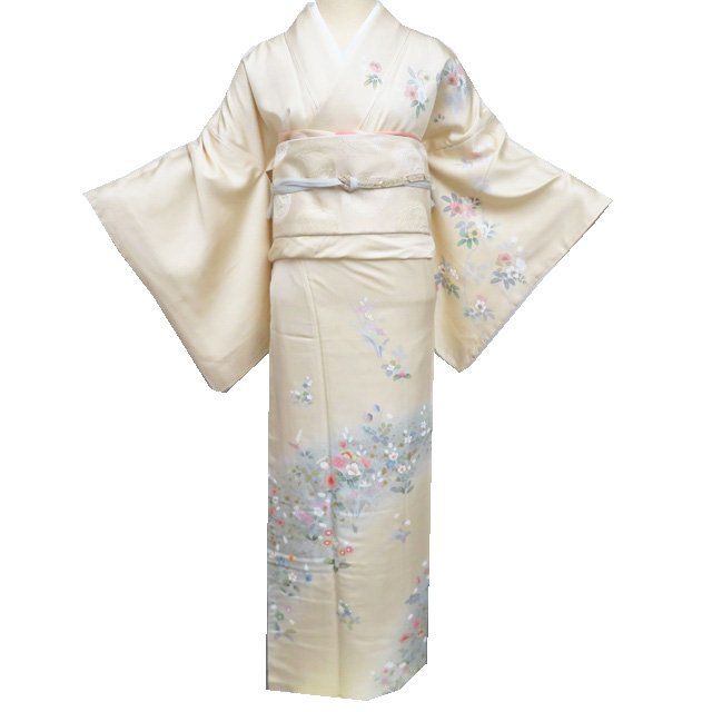 訪問着 着物 中古 正絹 袷 フォーマル 花模様 淡黄蘗色 多色 金