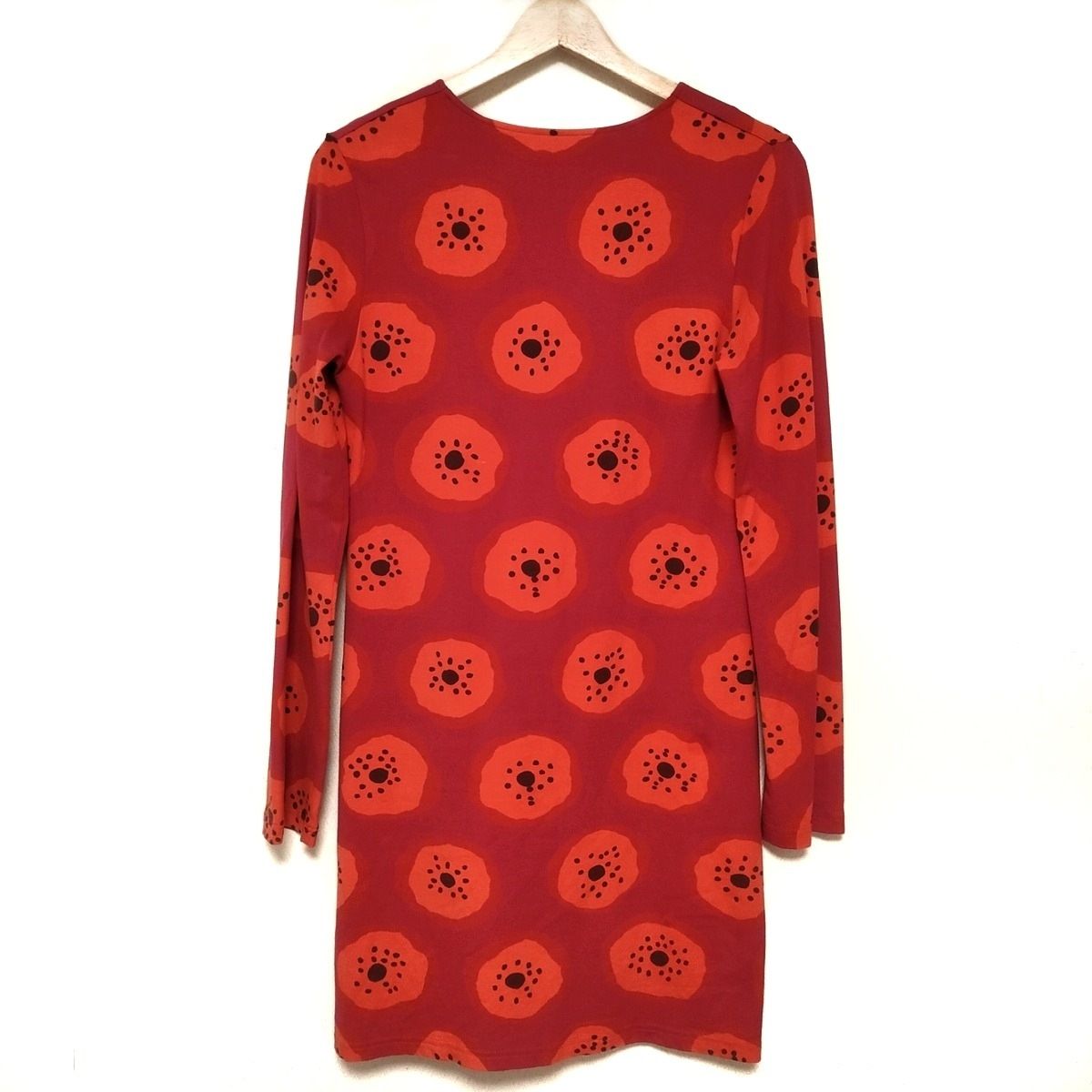 マリメッコプケッテイひざ丈ワンピース 34 グレーに薄オレンジ裏地付