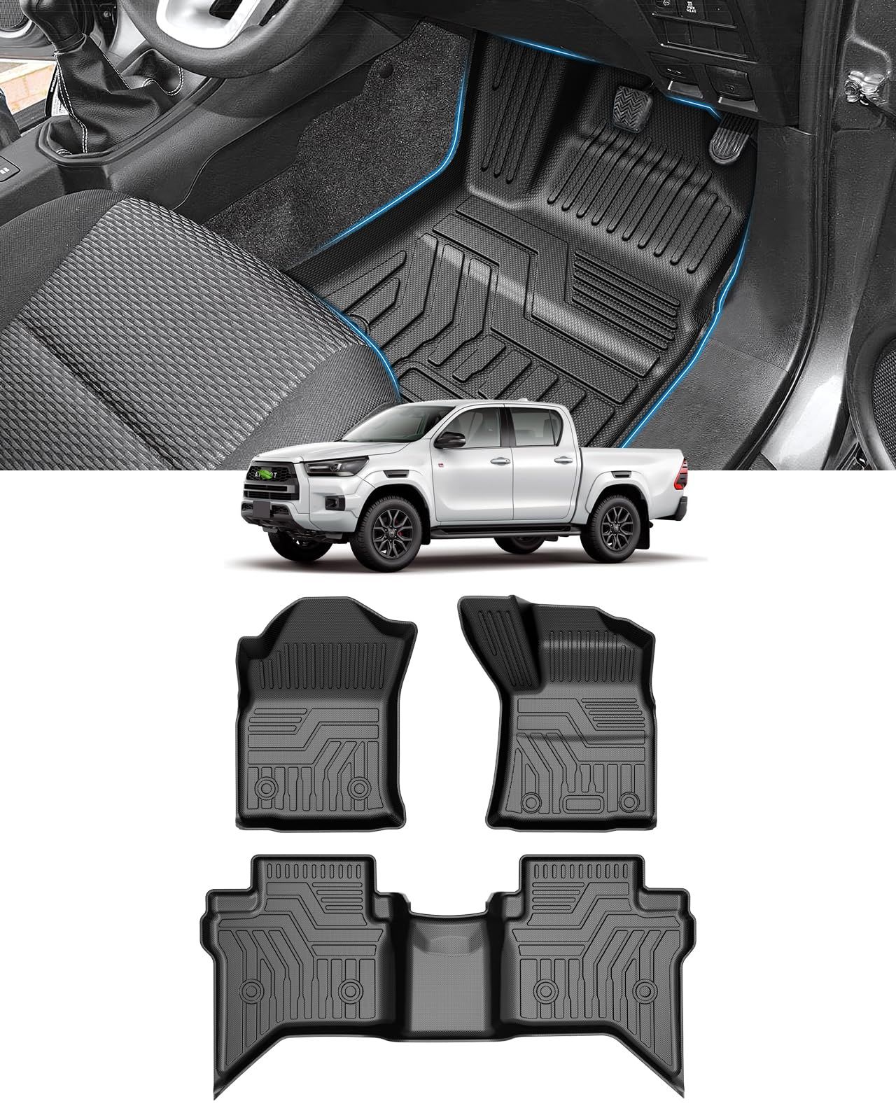 Cartist ハイラックス GUN125 後期 に適用 フロアマット AT車用 カーマット 3Dフロアマット HILUX GUN125 マイナーチェンジ 2020年8月～現行 立体 セカンドマット 防水 滑り防止 耐汚れ TPE素材 カスタムパーツ 車