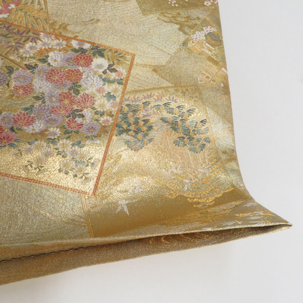 袋帯 ゴールドx多色 花鳥風月模様 金糸銀糸 六通柄 正絹 仕立て上がり