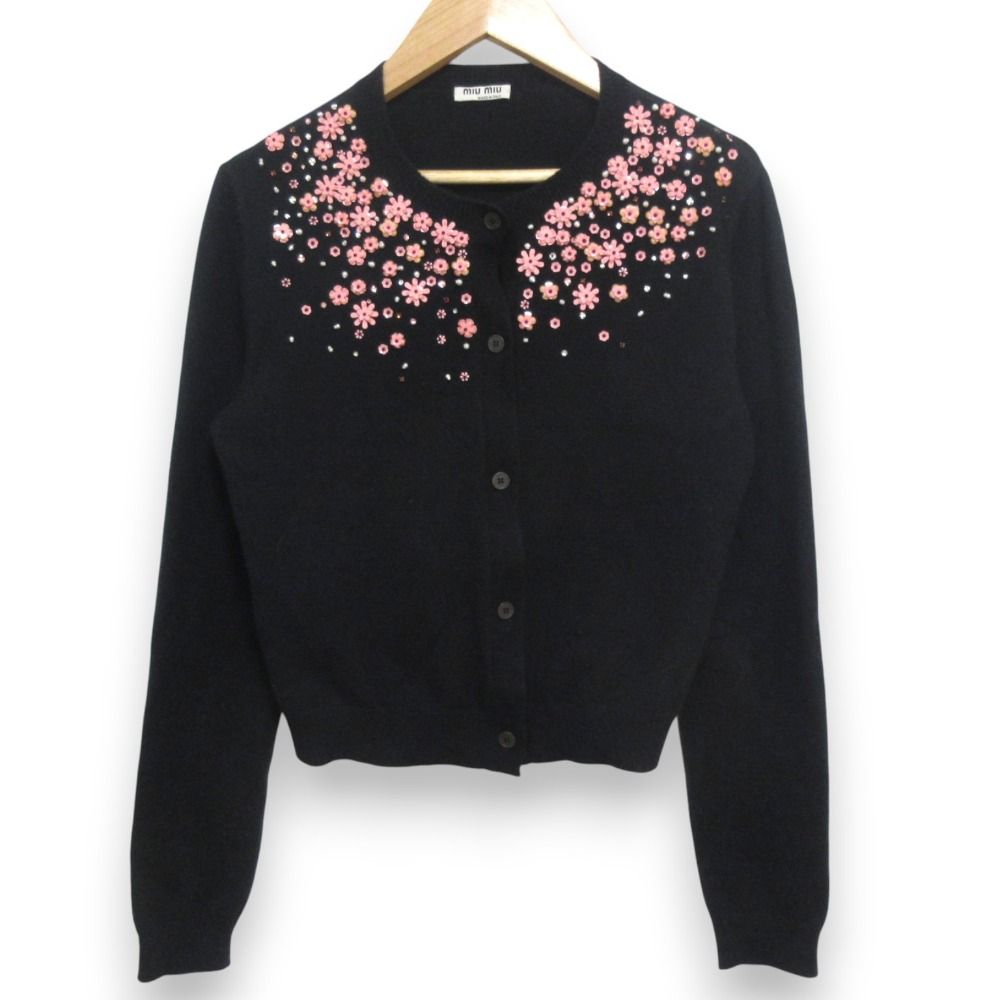 miu miu 襟付きブラックニットカーディガン ブラック カシミヤ ニット カーディガン | Miu Miu
