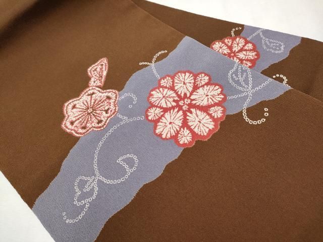 平和屋2◎九寸名古屋帯　作家物　紬地　刺繍　草花文　柿色　逸品　DAAH1505ox