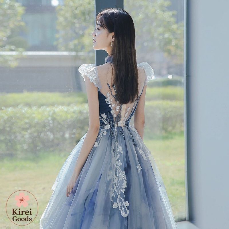 ブルー イブニングドレス ボートネック オフショルダー フレア フリル お洒落 Aライン ロングドレス キラキラ 素敵 ロング Vネック 発表会ドレス ブルー イブニングドレス ボートネック オフショルダー フレア フリル