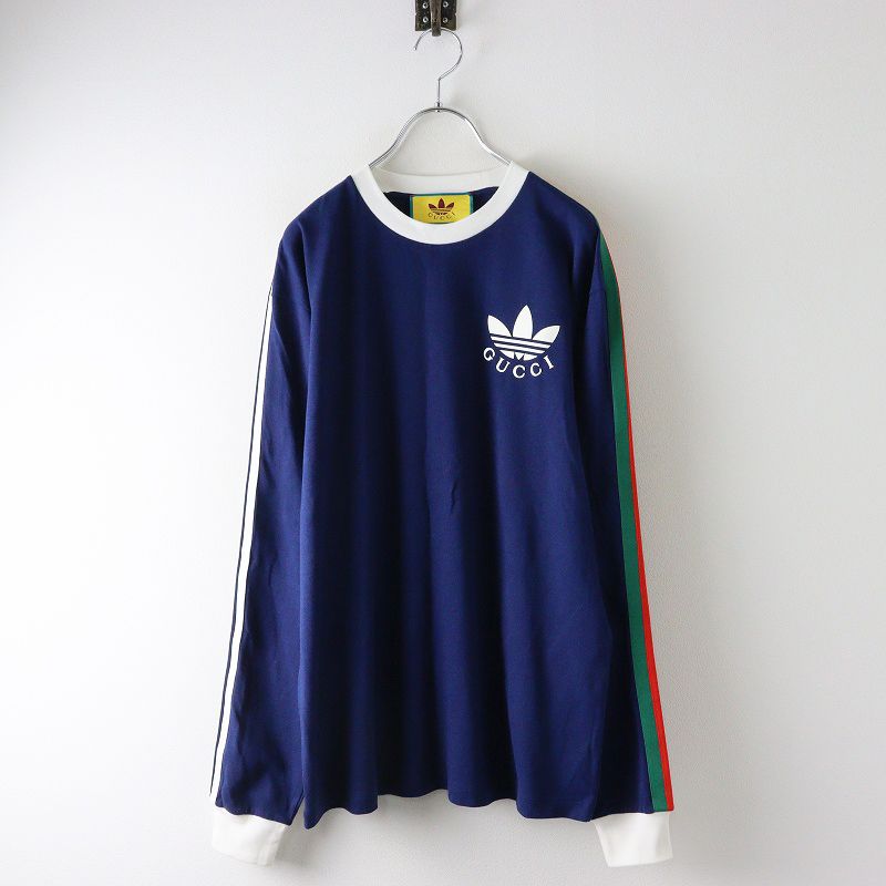 グッチ×アディダス コラボ GUCCI×adidas シェリーライン切替 胸元ロゴ コットンジャージーTシャツ S ネイビー|| 2400014581447