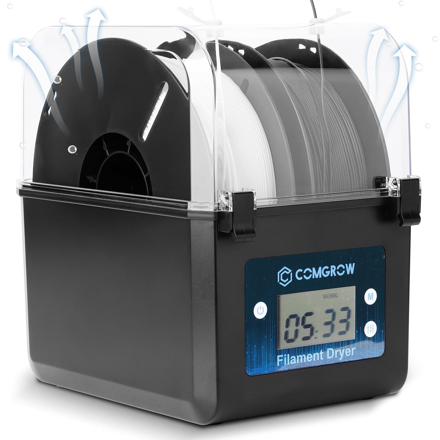 3Dフィラメント収納ボックス フィラメント乾燥機 大容量 3Dプリンターフィラメントドライヤーボックス 2kgフィラメント用 1.75mm 2.85mm 3.00mmフィラメントに対応 リアルタイム温度 湿度表示 水分除去 除湿用 均一加熱