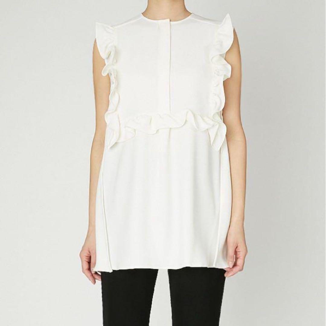 YOKO CHAN ヨーコチャン 2025 ノースリーブフリルトリムブラウス ギャザー スリット オフホワイト 36