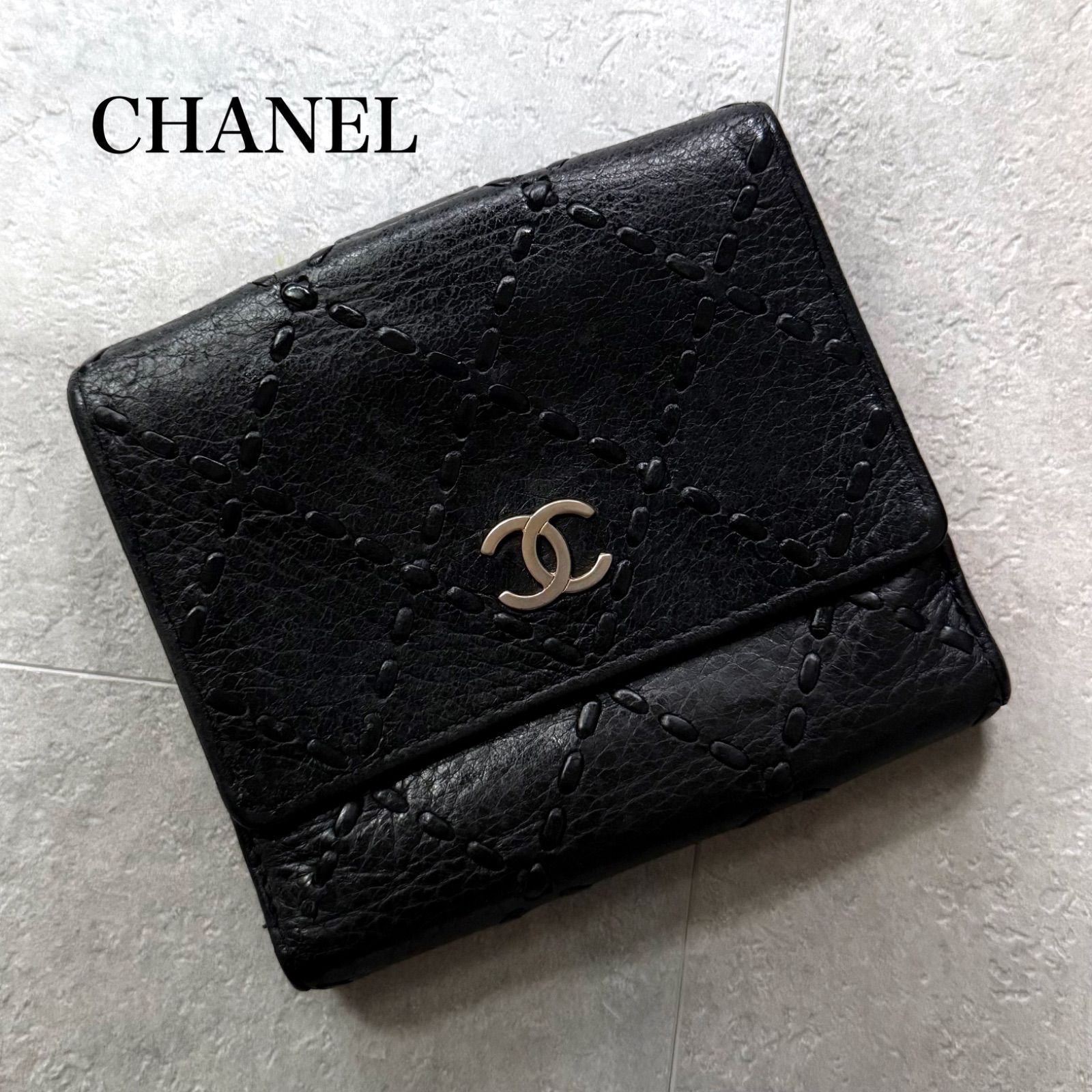 CHANEL シャネル ステッチ ココマーク Wホック 二つ折り財布 レザー ブラック コンパクトウォレット ワイルドステッチ