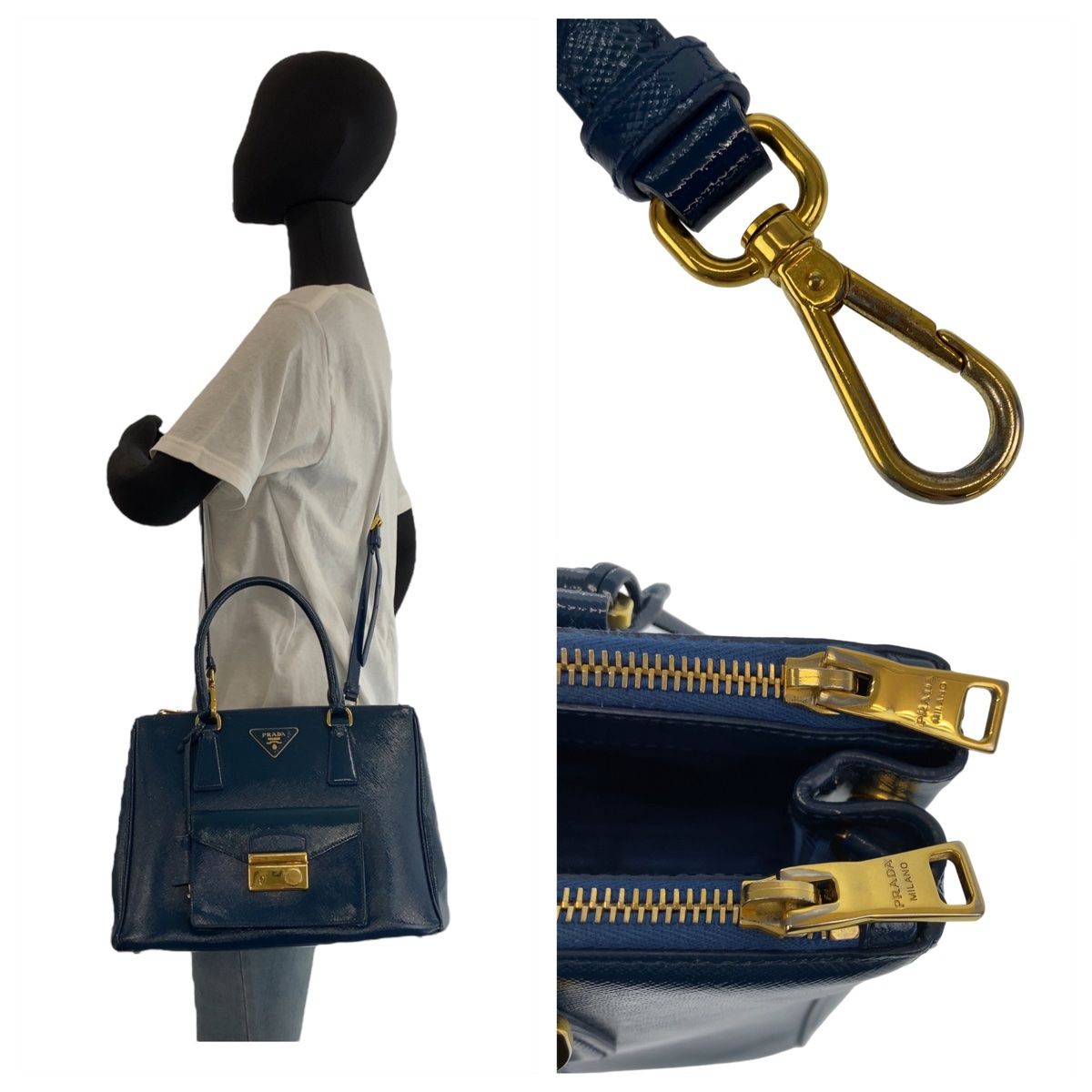 美品 PRADA プラダ サフィアーノ 三角ロゴプレート ブルー 青 ゴールド