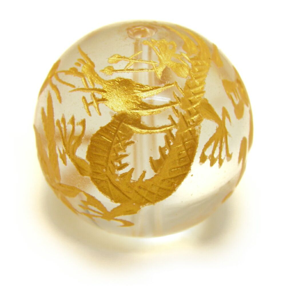 四面四神獣丸玉・水晶(金色入り) 彫刻ビーズ 20mm玉 1粒売り 青龍・朱雀・白虎・玄武 天然石 パワーストーン