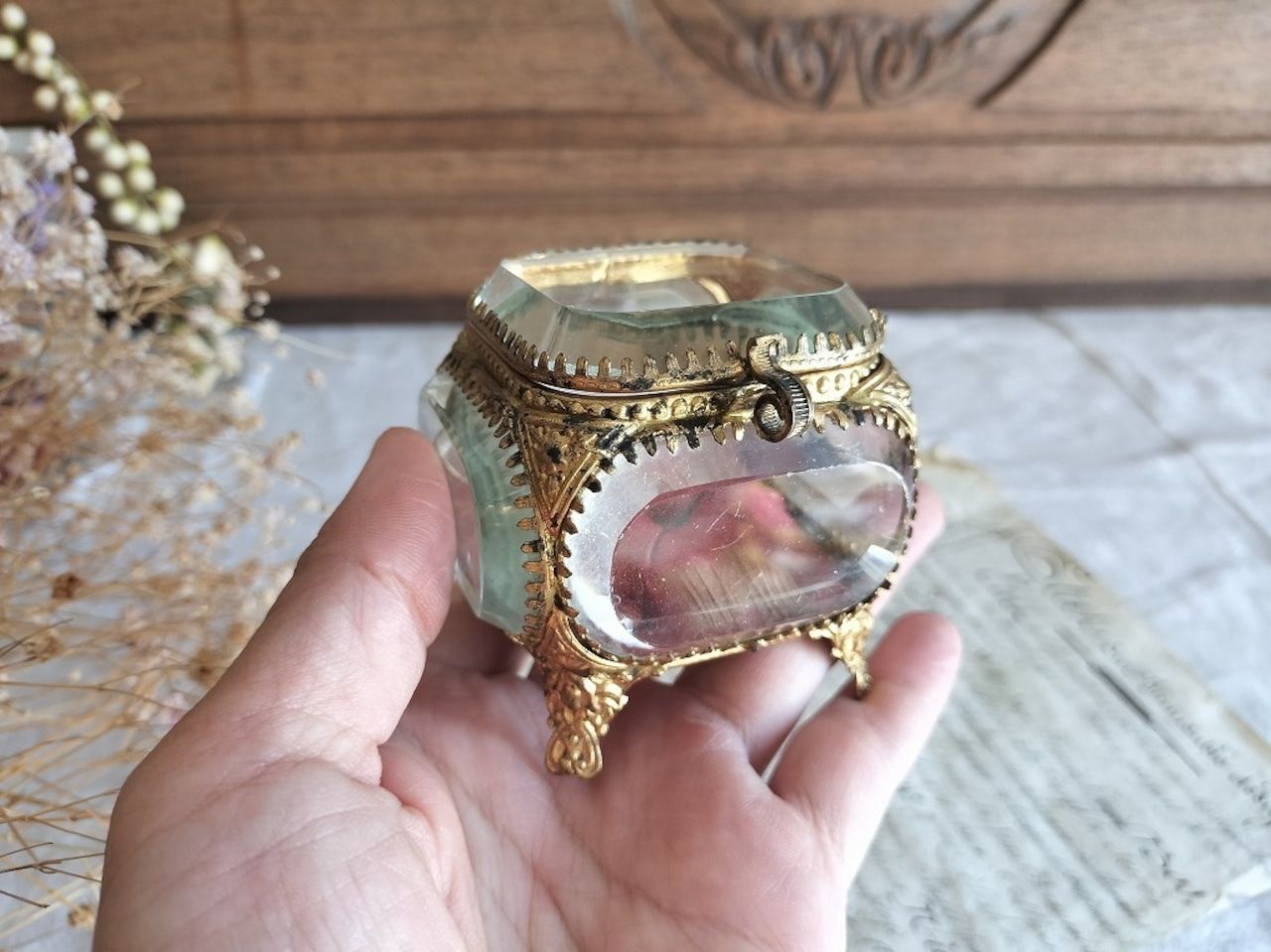 フランス アンティーク クリスタル 5面 ジュエリーケース 1900年 美品