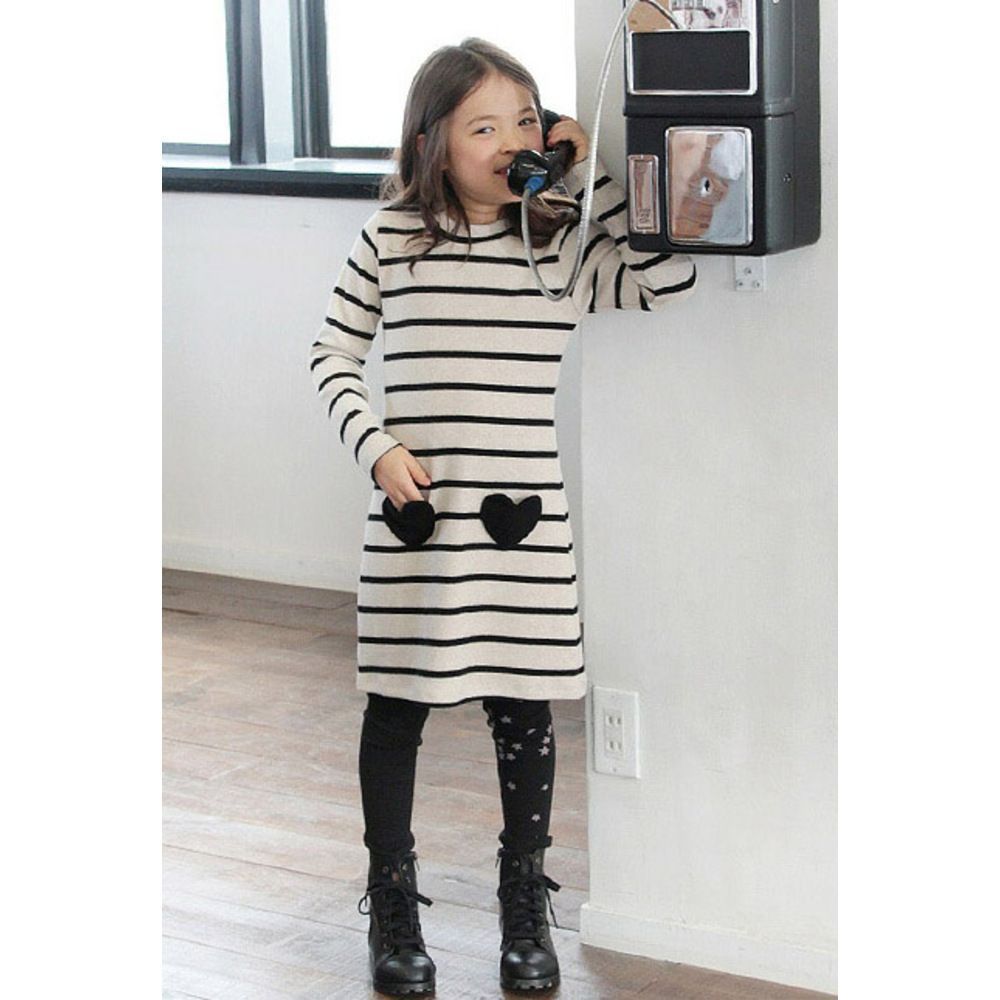 BLACK×WHITE  120cm  ジェーンバートボーダーワンピース キッズ ワンピース 女の子 長袖 キッズワンピース 10001714 長袖ワンピース 冬 秋冬 ボーダー ハート ポケット付き しましま 綿 コットン ナ