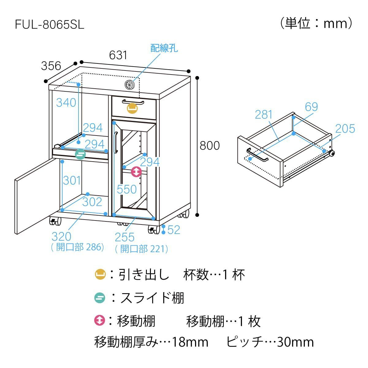 一人暮らしの部屋や狭いスペースにぴったりサイズ ダークブラウン木目柄 同シリーズで 自由自在 レンジ台 ベーシックデザイン 食器棚 幅63.1×奥行35.6×高さ80cm カウンターワゴン FUL-8065SLDK 白井産業 NEXPOTALLINN_EU