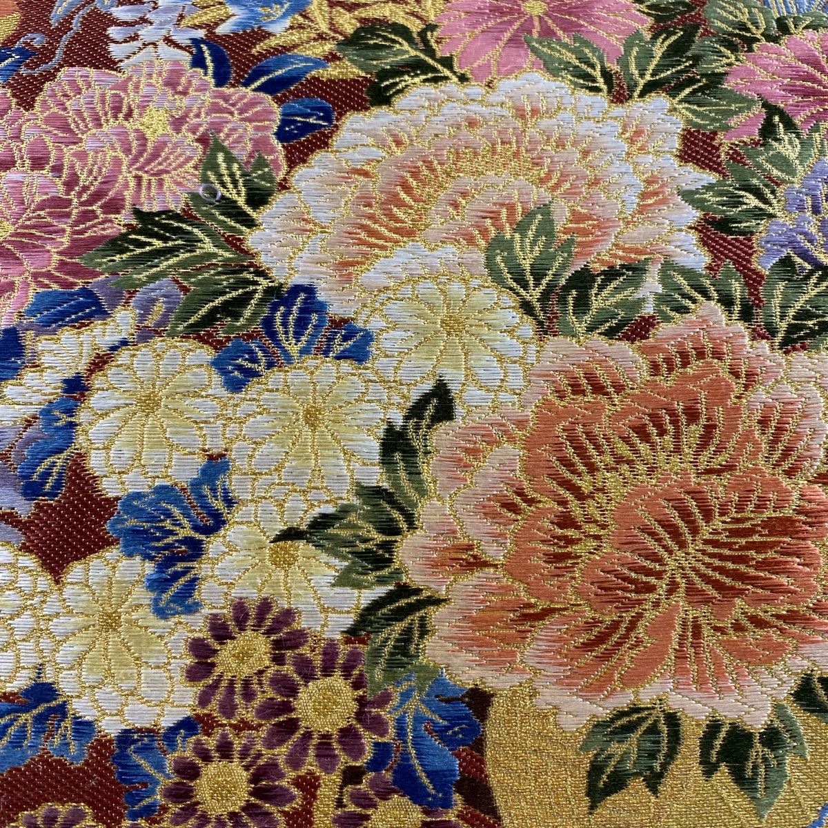 袋帯 秀品 関西仕立て 桃山秀花桧扇文 金糸 箔 金色 六通 正絹
