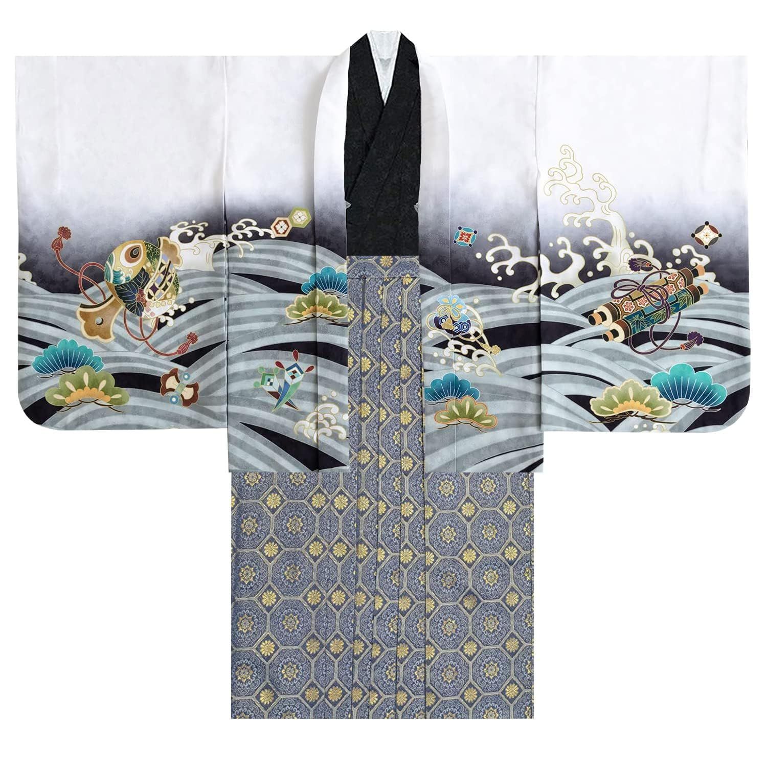  KYOETSU キョウエツ 七五三 5歳 男の子 着物 セット 羽織 袴 フルセット 753 絵羽 A 12 鷹宝船-白 藍鼠 着物 着物ドレス 着物 浴衣 和小物