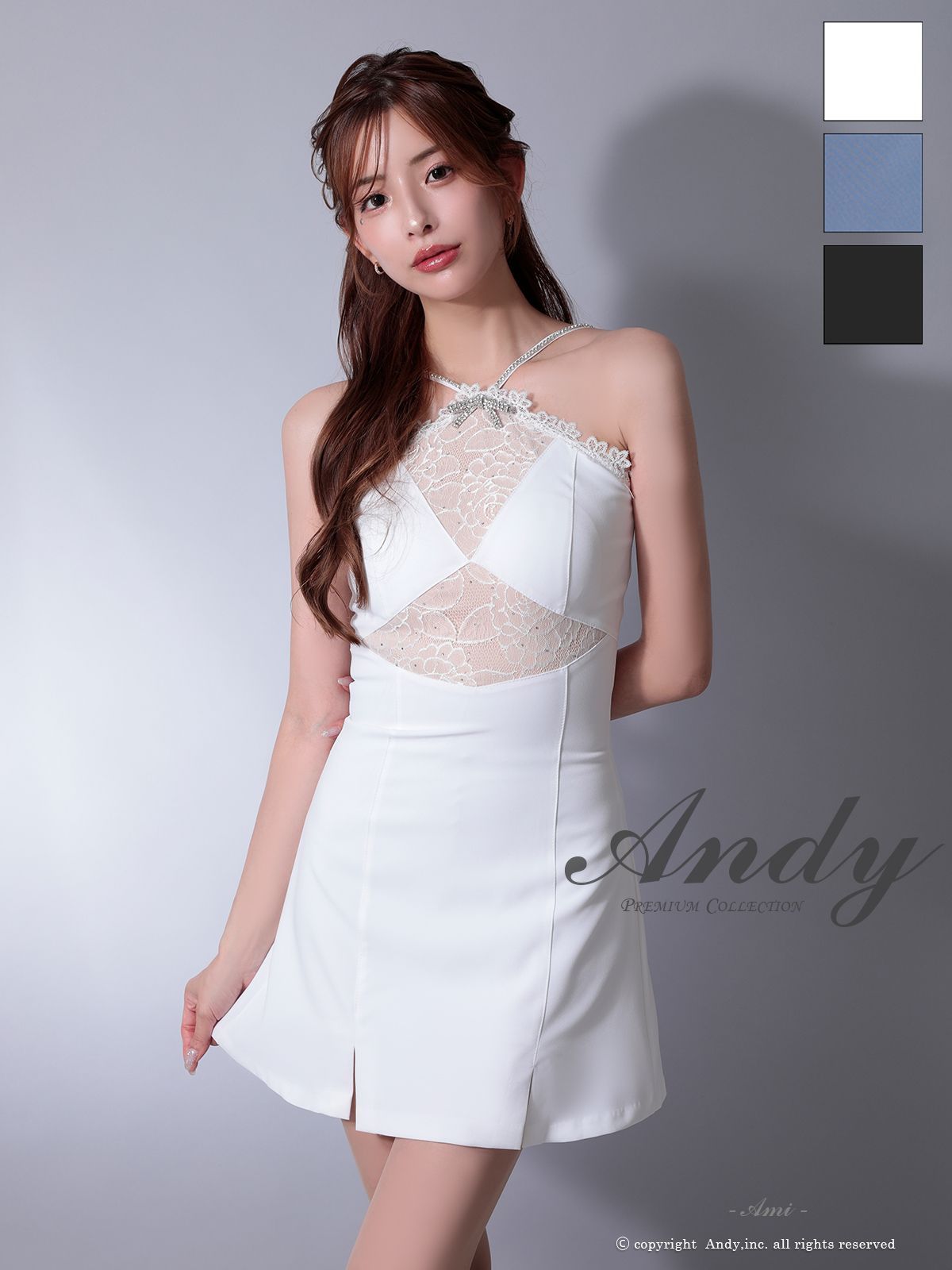 ホワイトS OK2961-W-2507 XSサイズあり ANDY|アンディ ビジューリボン| ホルターネック| レース| 切替| ストレッチ| フ | ミニドレス| キャバドレス