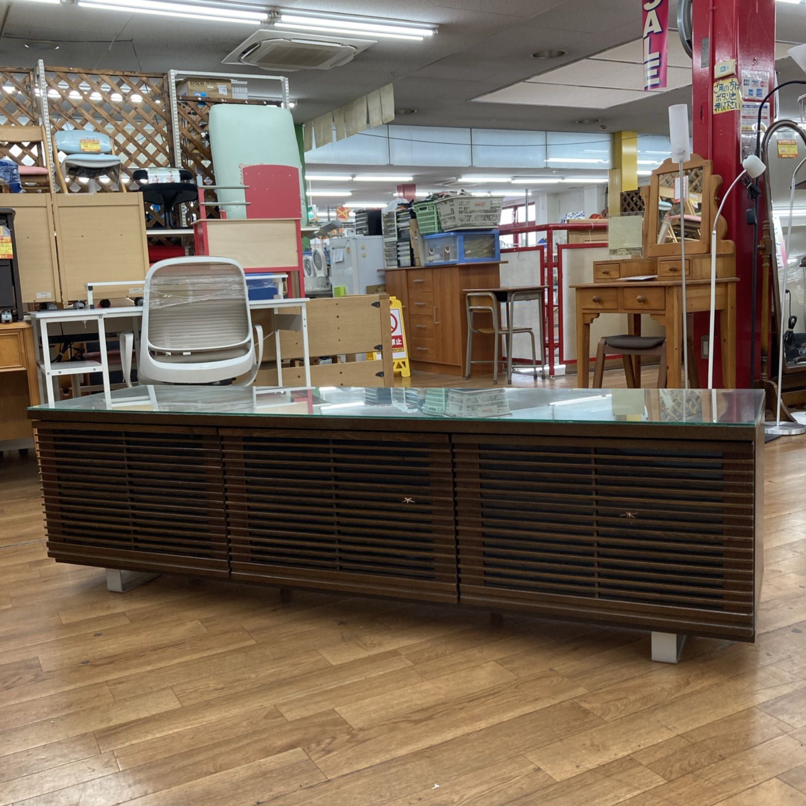 名古屋市近郊送料設置無料 S223 ガラスロングローボード テレビボード 上開きタイプ 大容量 ブラウン 幅180cm