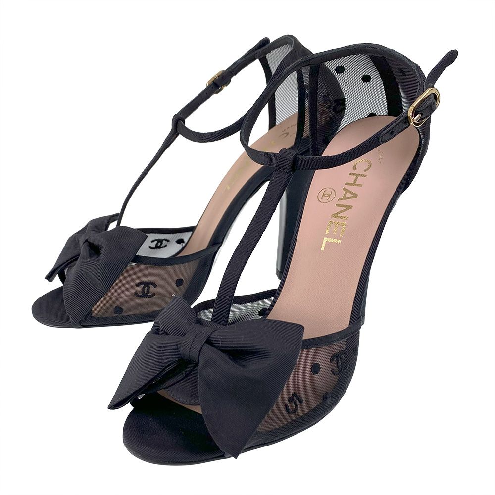 CHANEL シャネル レザーリボン 白黒 ストラップ ココマーク サンダル