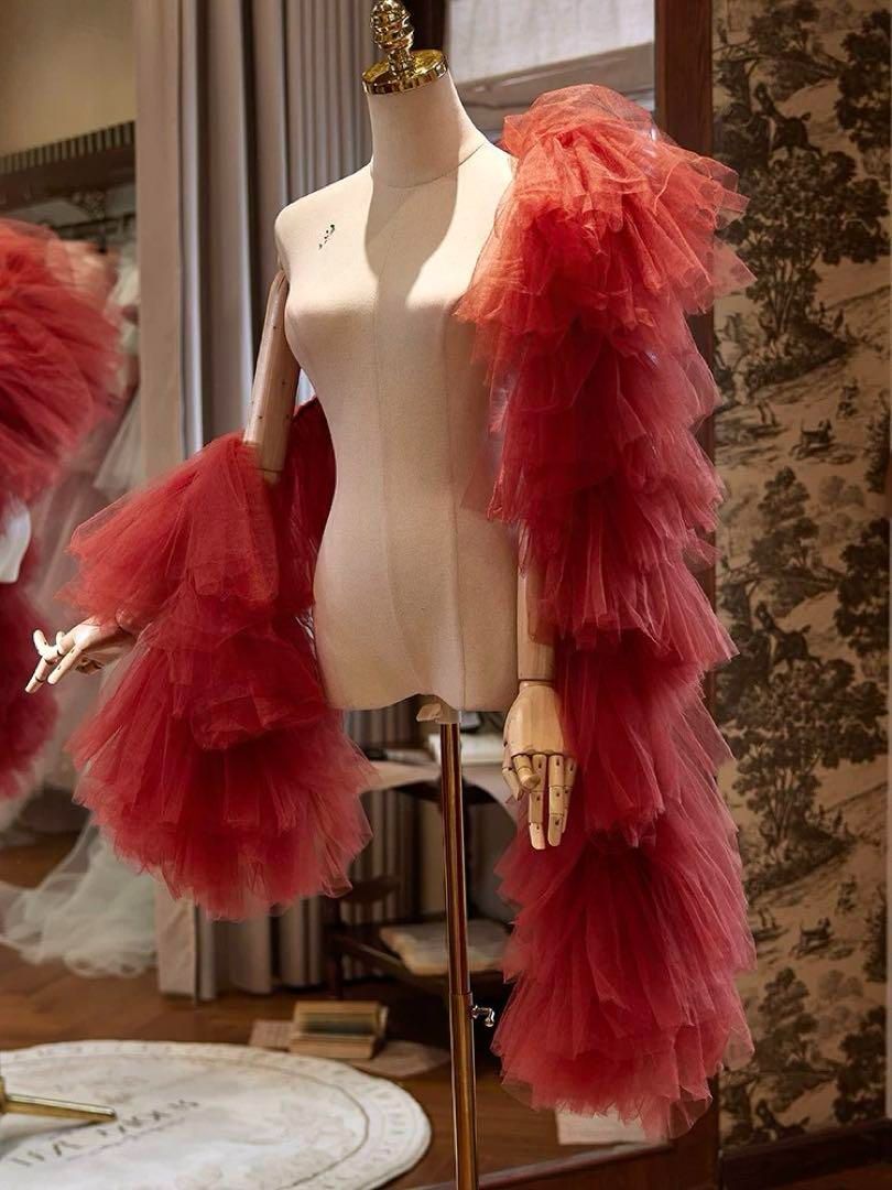 25年 ♥ フリルかゴージャスなソフトチュールのショール レッド