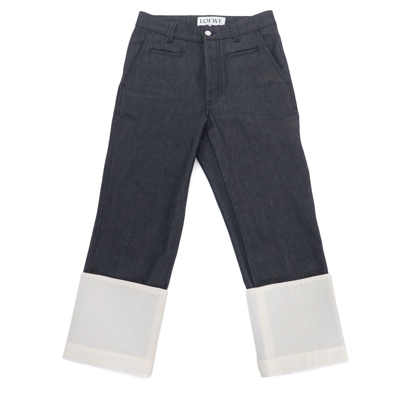 LOEWE ロエベ S2292112IB コットン100％ フィッシャーマン ストーンウォッシュド ボタンフライ レザーロゴパッチ付 デニムパンツ インディゴブルー 34 レディース