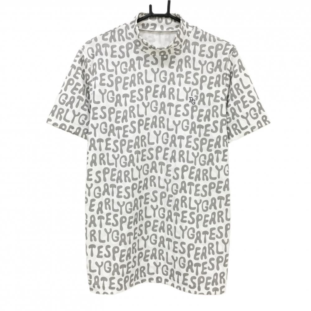 パーリーゲイツ 半袖ハイネックシャツ 白×グレー ロゴ総柄 ゴルフボール メンズ 5 L ゴルフウェア モデル PEARLY GATES