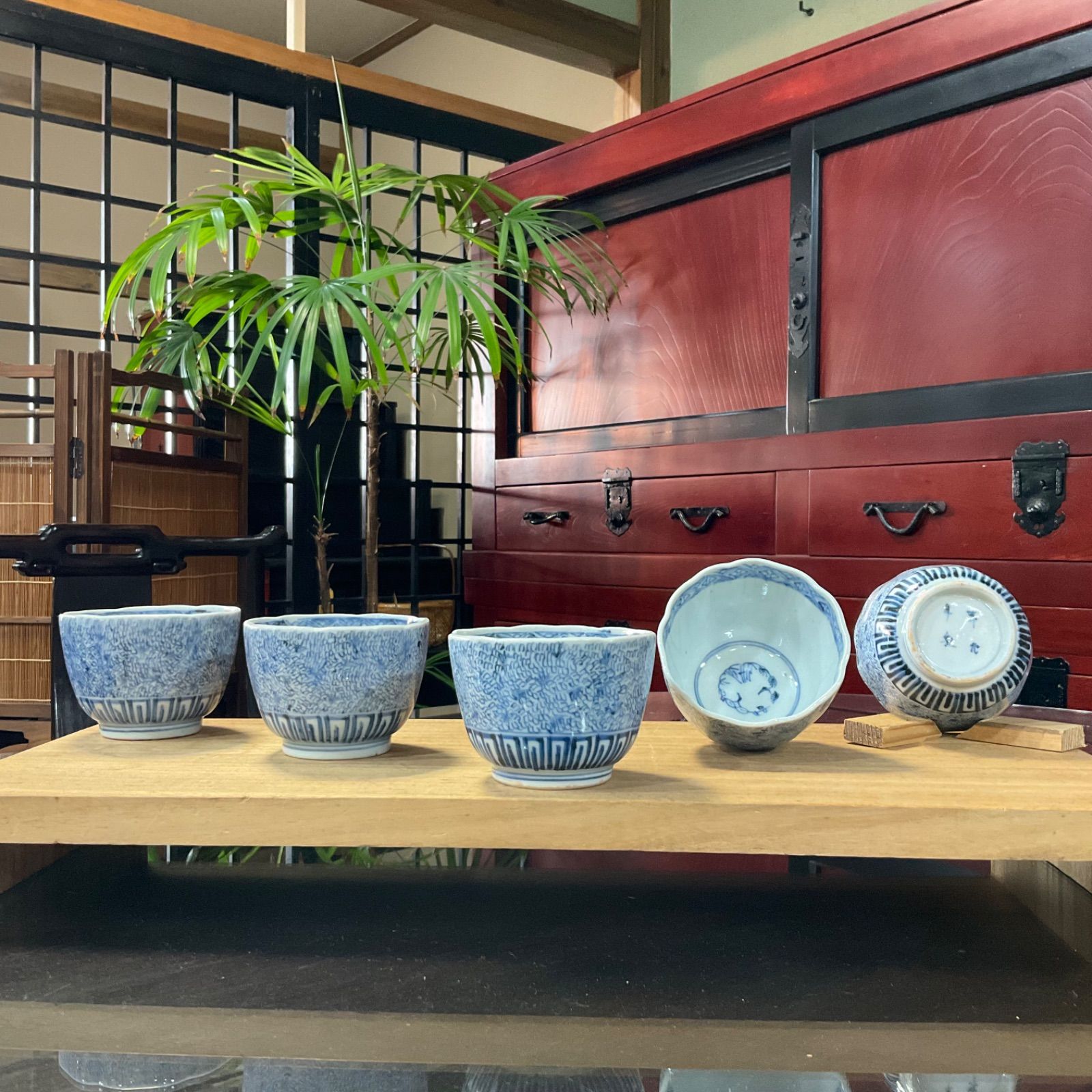 古伊万里】 蕎麦猪口 微塵唐草文 五客セット 蕎麦猪口□微塵唐草文