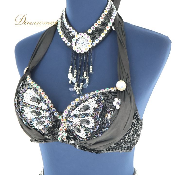 ベリーダンス オリエンタル 衣装 セット ブラック系 黒 シルバー ビーズ スパンコールラメ ラインストーン トップス ベルト 発表会 舞台 イベント ベリーダンス衣装 コスチューム パフォーマンス ダンスイベント セット