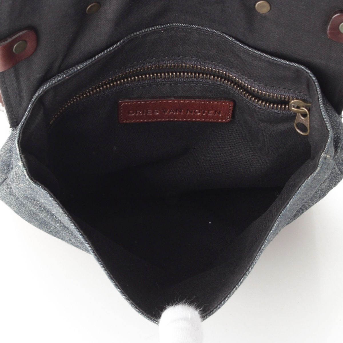 ドリスヴァンノッテン デニム レザー ショルダーバッグ ヴィンテージ 黒 DRIES VAN NOTEN - ドリスヴァンノッテン 90s ライカ期 レザー