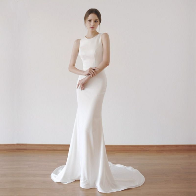フレンチライトウェディングドレス 結婚 ホワイト エレガント 長い丈 フィッシュテール ワンピース ガーリー お洒落 人気 SNS映え イ