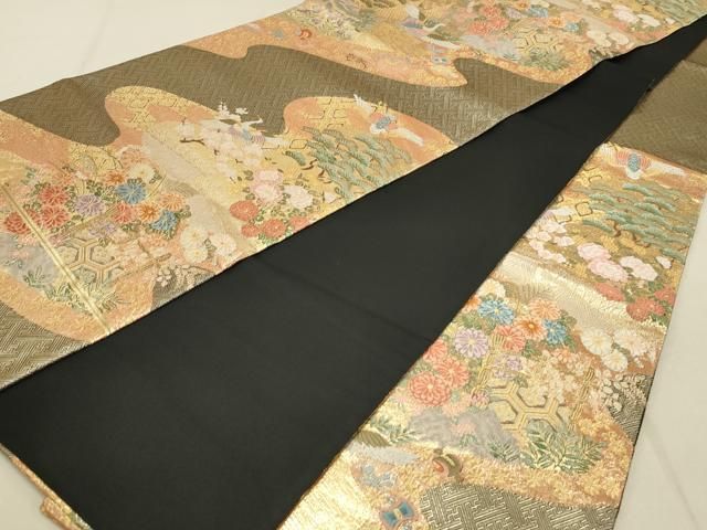 平和屋着物◎六通柄袋帯 エ霞吉祥飛鶴文 金糸 正絹 逸品