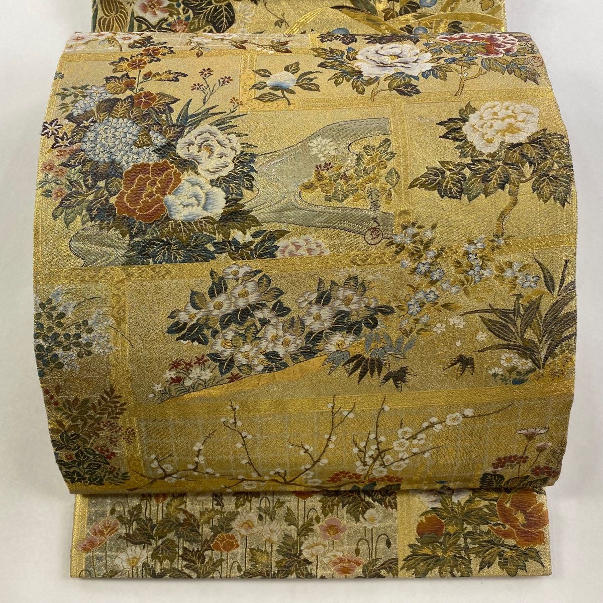 丸帯 光琳大全集 草花 鳥 金糸 箔 金色 お太鼓柄 正絹