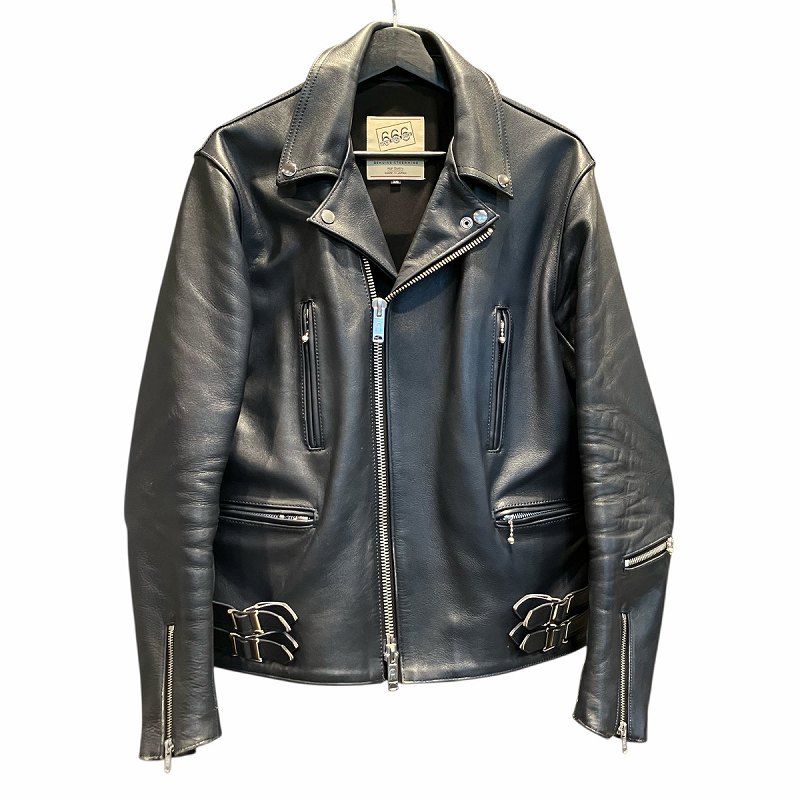 トリプルシックス 666 Leather Wear ライダースジャケット Wジップ 長袖 ネイビー 38