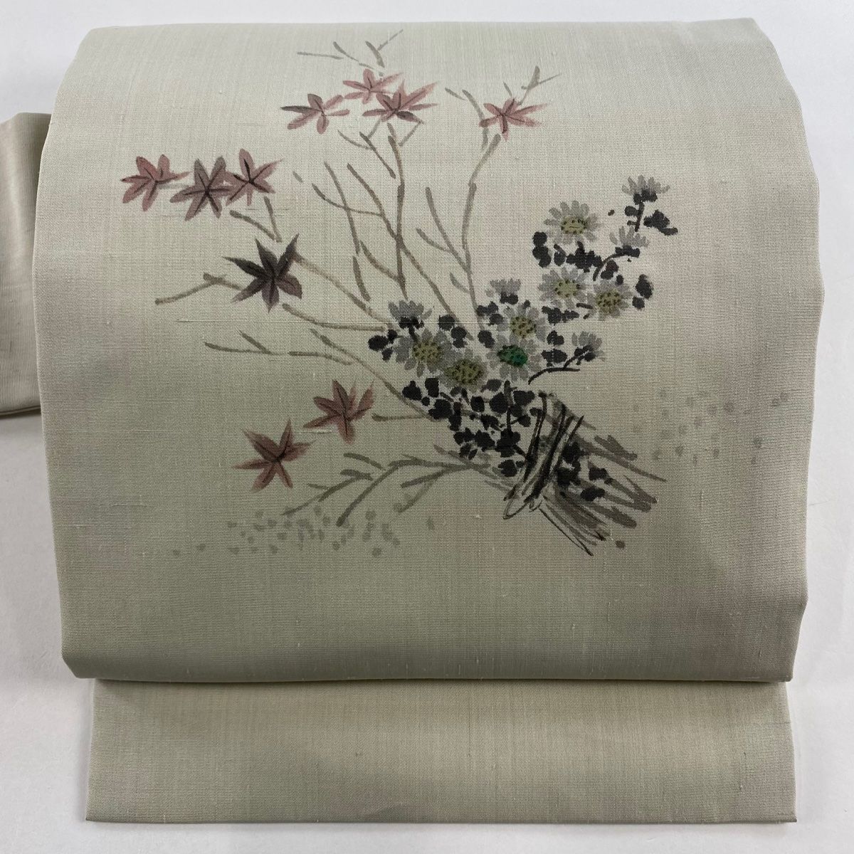 ❤ 名古屋帯 秀品 落款 紅葉 菊 灰緑 正絹