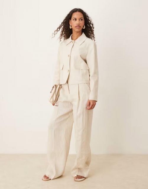 【送料無料】 マンゴ レディース カジュアルパンツ ボトムス Mango wide leg tailored linen pants with front pleat in stone - part of a set STONE
