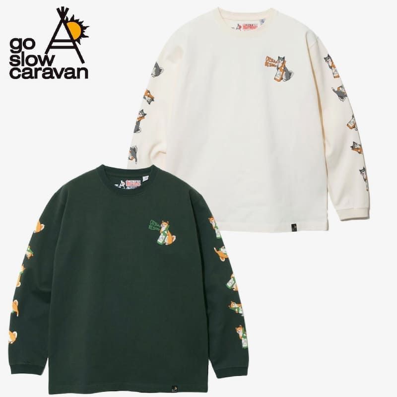 新品 ゴースローキャラバン go slow caravan 長袖 Tシャツ ティーシャツ 袖プリント 柴犬と晩酌 柴犬 シバイヌ 犬 お酒 ユニセックス メンズ レディース 白 オフホワイト グレー スミクロ