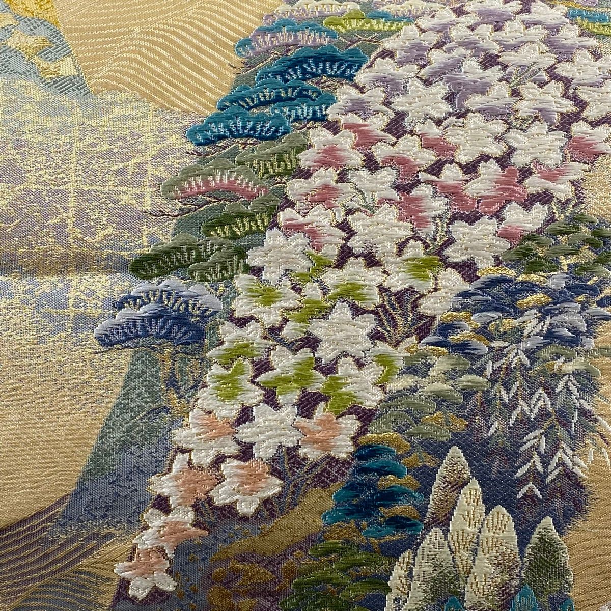 袋帯 美品 秀品 桜 松 金糸 刺繍 ベージュ 六通 正絹 【中古