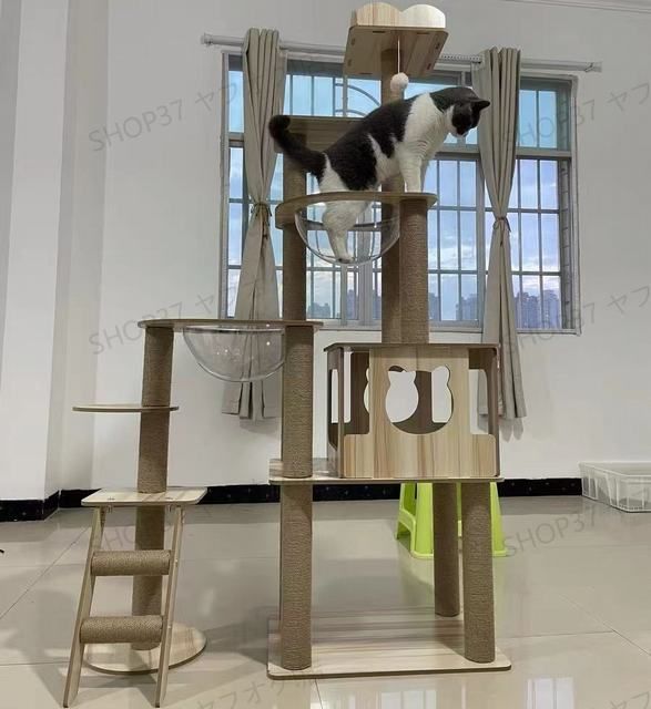 50cm ペット用品 ☆キャットタワー 透明宇宙船 頑丈 据え置き木製 麻紐