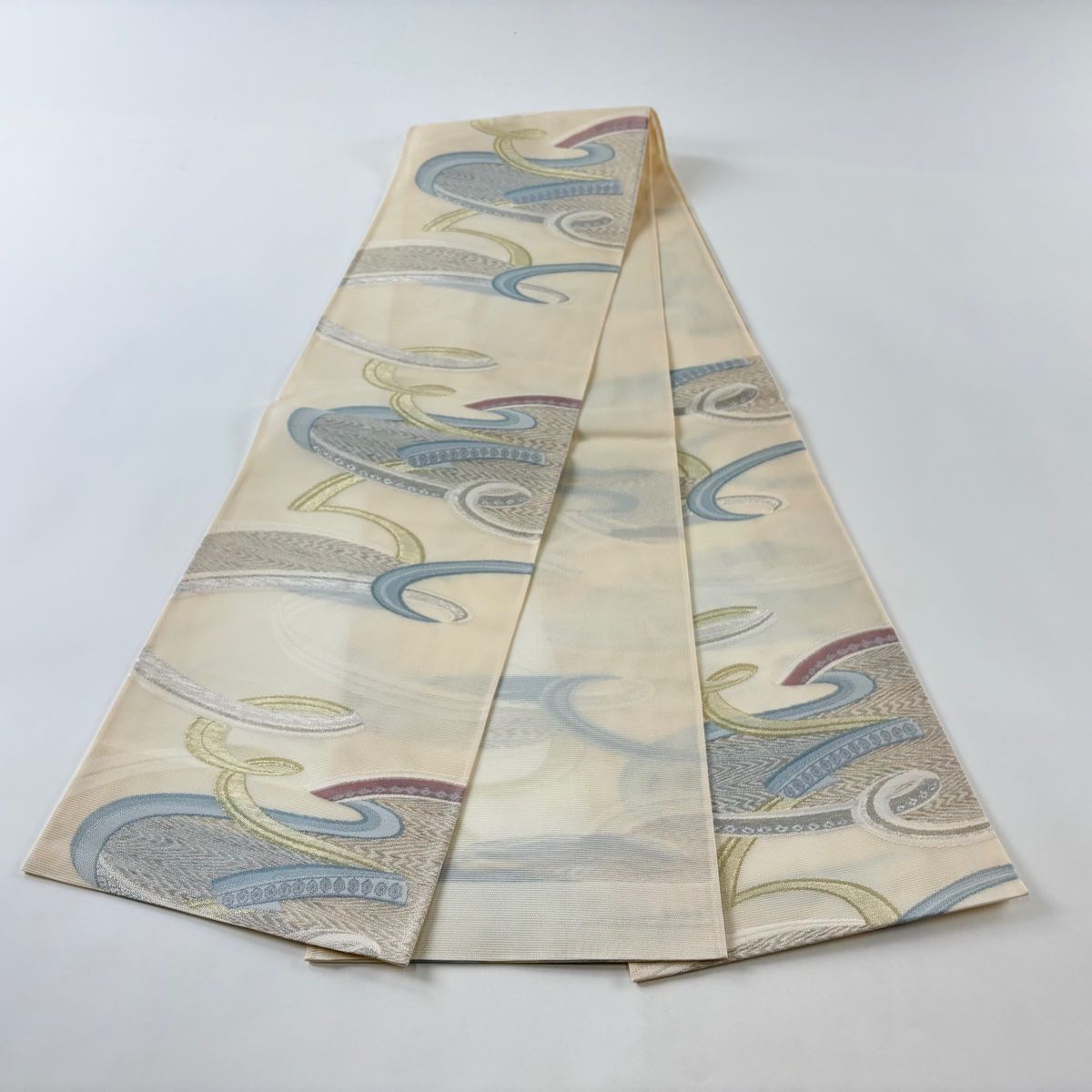袋帯 美品 秀品 夏帯 絽 幾何学模様 金銀糸 ラメ糸 クリーム 六