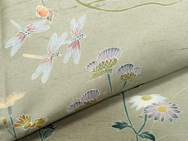 平和屋着物○十日町友禅作家 越村幸雪 訪問着 紬地 蜻蛉 草花文 正絹