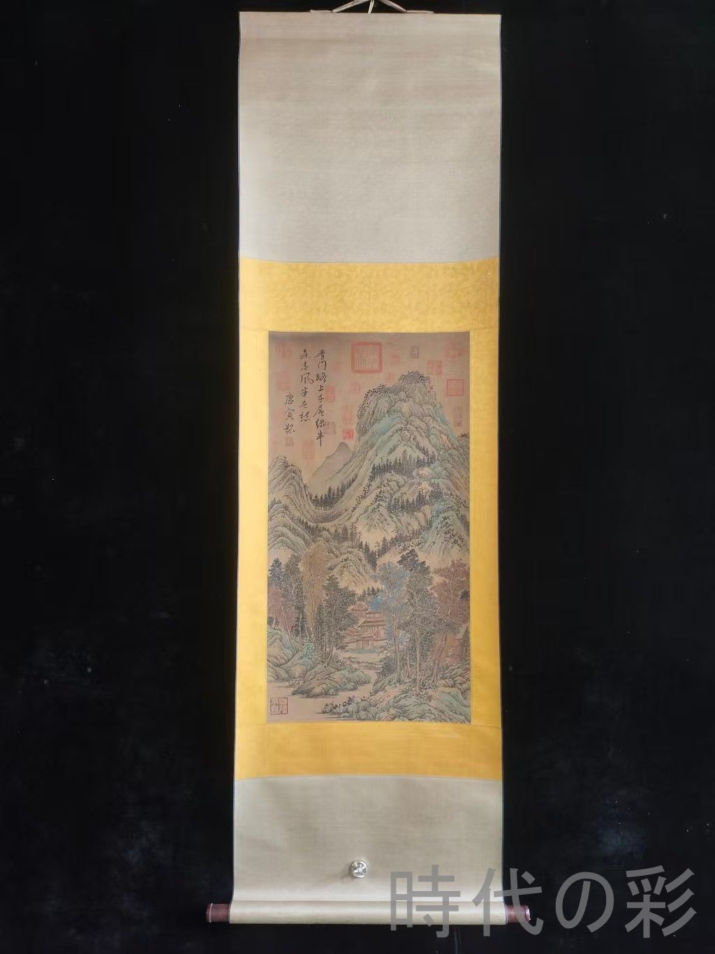 中国古美術 明代 唐寅 山水図 絹本 三尺 手描き 掛け軸 巻き物 書画 山水 中堂画 装飾画 唐物 肉筆 古玩 旧家蔵收 時代画家 R07100708