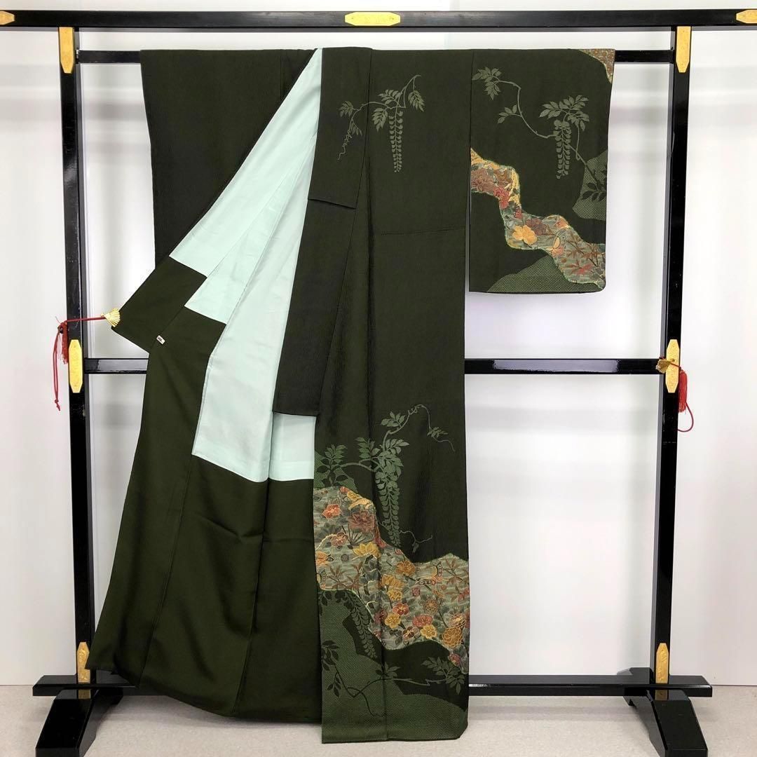 訪問着 総刺繍 蝶に美しい花々 さが美 ガード加工 黒橡色 K-2921