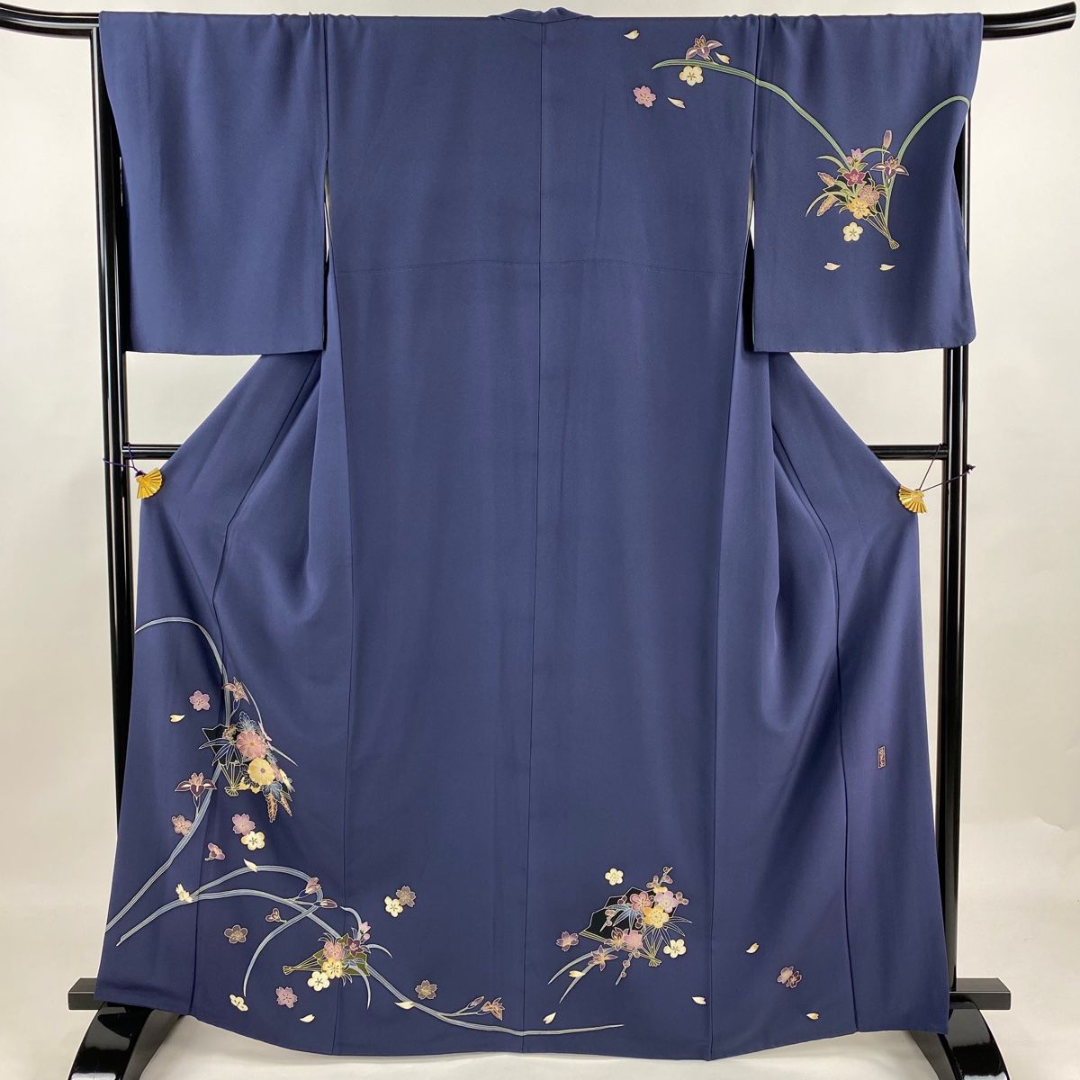 付下げ 身丈165cm 裄丈68cm L 袷 やまと 落款 扇 草花 ぼかし 紺色  
